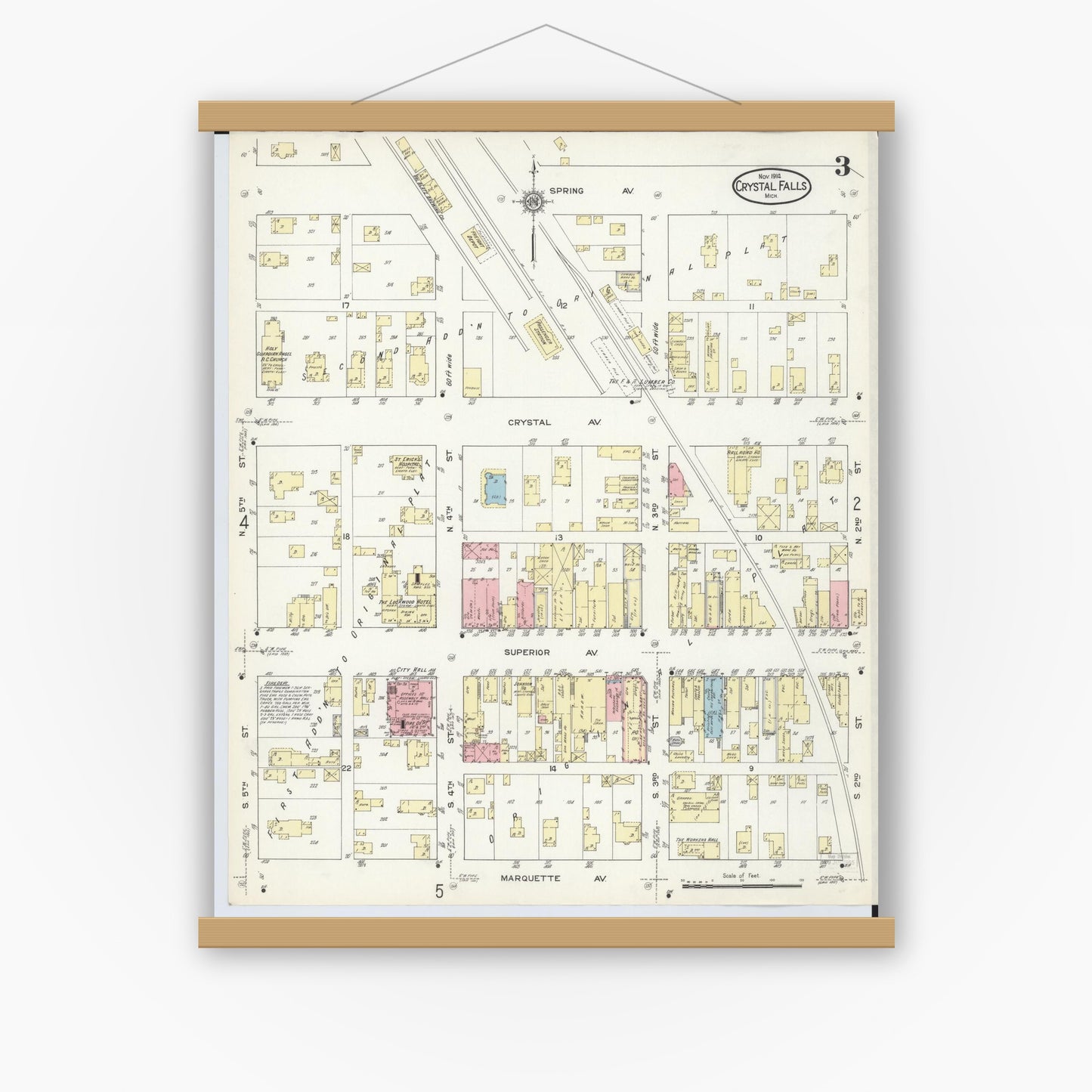 Old map wall art mockup — magnetic wood frame on white wall — Sanborn Fire Insurance Map from Crystal Falls, Iron County, Michigan (1914), Sheet #0003