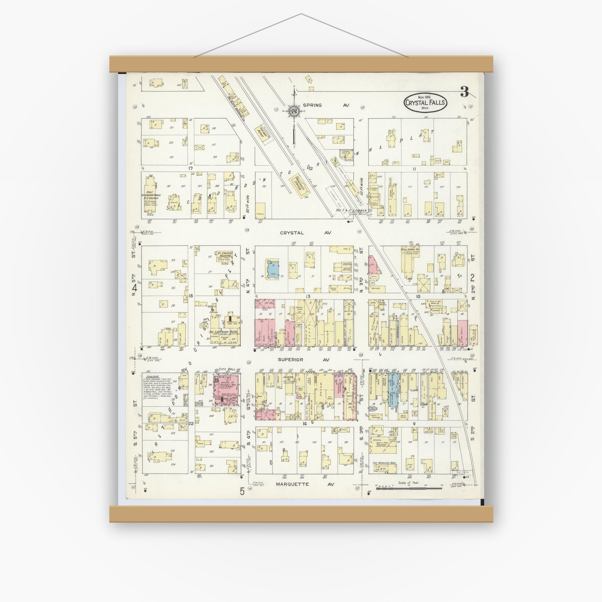 Old map wall art mockup — magnetic wood frame on white wall — Sanborn Fire Insurance Map from Crystal Falls, Iron County, Michigan (1914), Sheet #0003