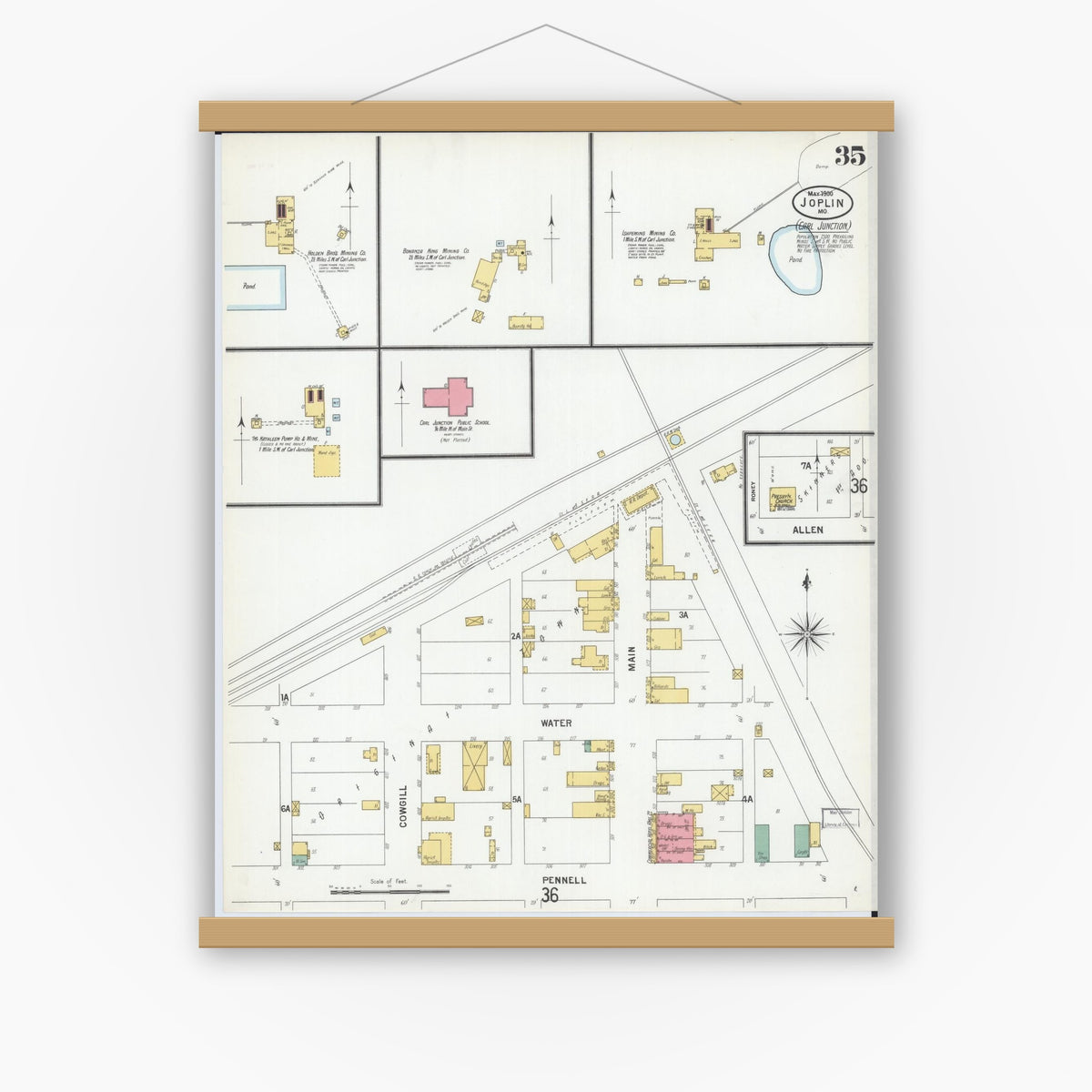 Old map wall art mockup — magnetic wood frame on white wall — Sanborn Fire Insurance Map from Joplin, Jasper County, Missouri (1900), Sheet #0035