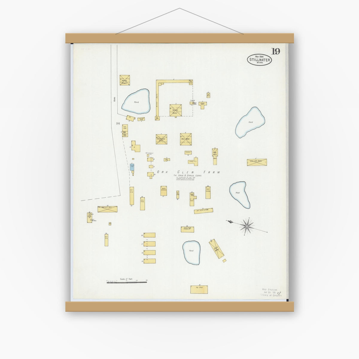 Old map wall art mockup — magnetic wood frame on white wall — Sanborn Fire Insurance Map from Stillwater, Washington County, Minnesota (1904), Sheet #0019