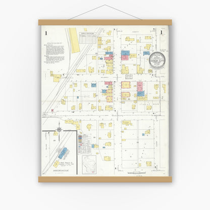 Old map wall art mockup — magnetic wood frame on white wall — Sanborn Fire Insurance Map from Genoa City, Walworth County, Wisconsin (1934) - Complete Map Set