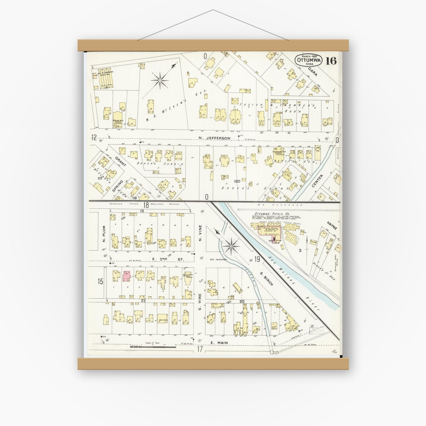 Old map wall art mockup — magnetic wood frame on white wall — Sanborn Fire Insurance Map from Ottumwa, Wapello County, Iowa (1897), Sheet #0016