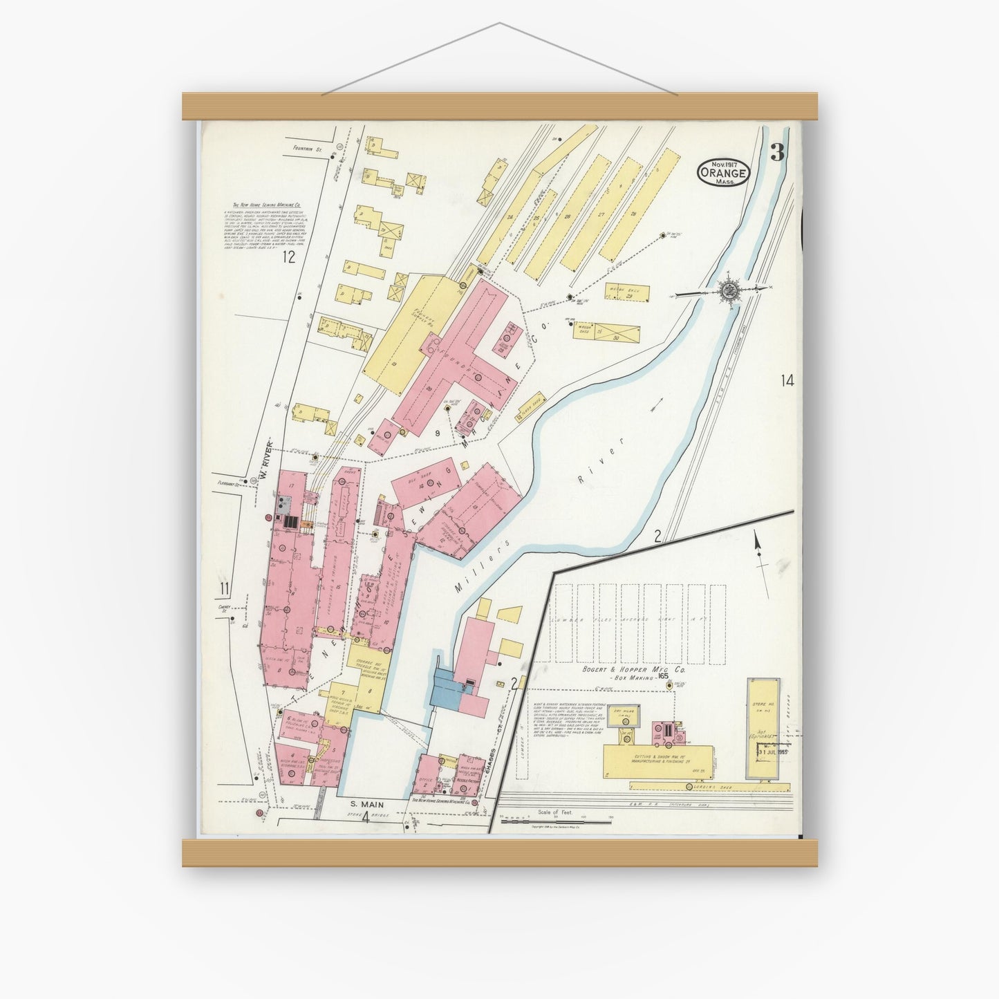 Old map wall art mockup — magnetic wood frame on white wall — Sanborn Fire Insurance Map from Orange, Franklin County, Massachusetts (1917), Sheet #0003