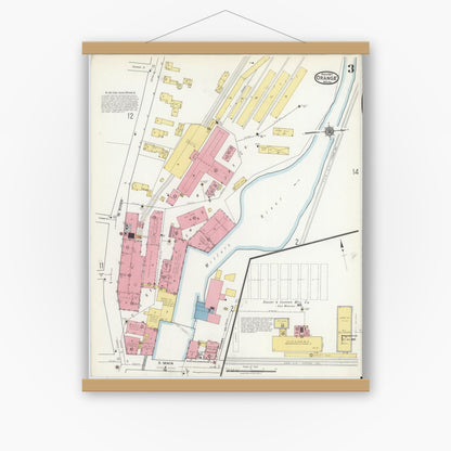 Old map wall art mockup — magnetic wood frame on white wall — Sanborn Fire Insurance Map from Orange, Franklin County, Massachusetts (1917), Sheet #0003