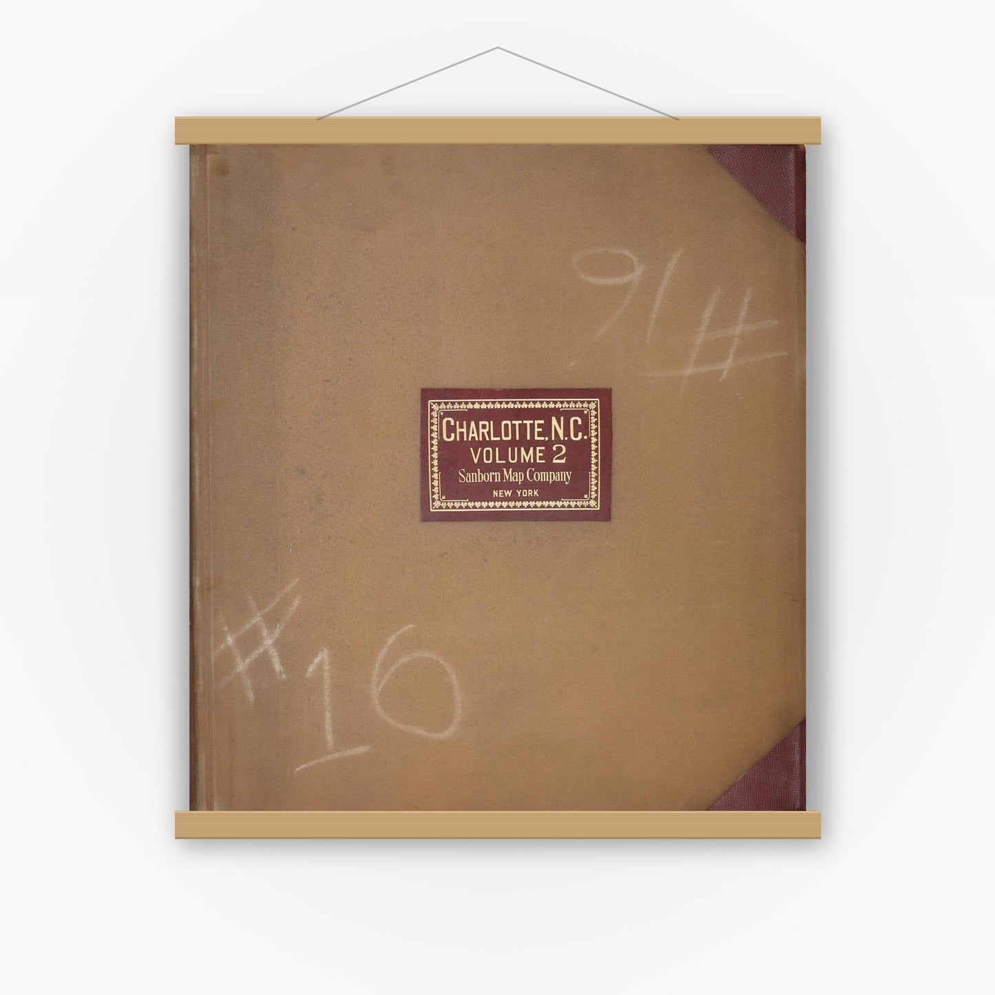 Old map wall art mockup — magnetic wood frame on white wall — Sanborn Fire Insurance Map from Charlotte, Mecklenburg County, North Carolina (1950) - Complete Map Set