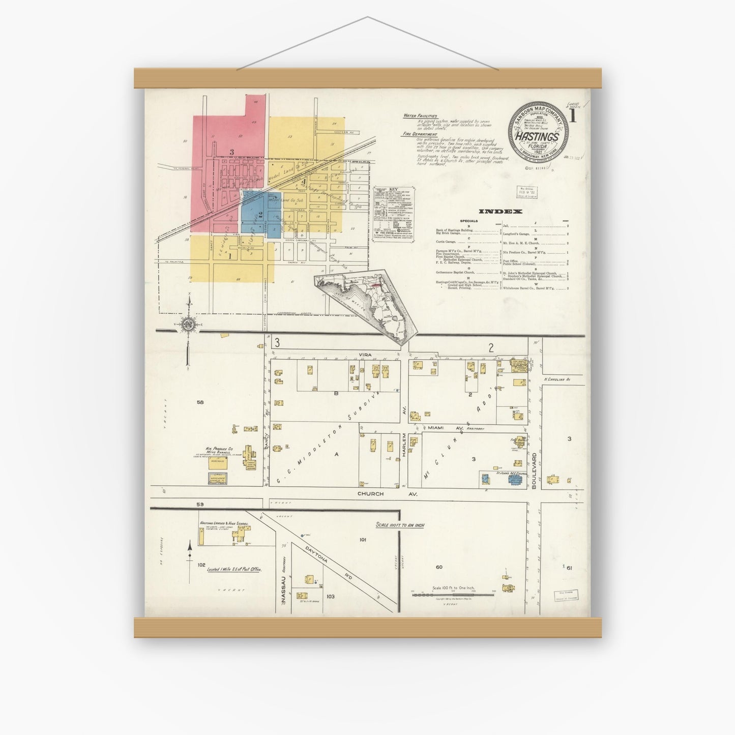 Old map wall art mockup — magnetic wood frame on white wall — Sanborn Fire Insurance Map from Hastings, St. Johns County, Florida (1921), Sheet #0001