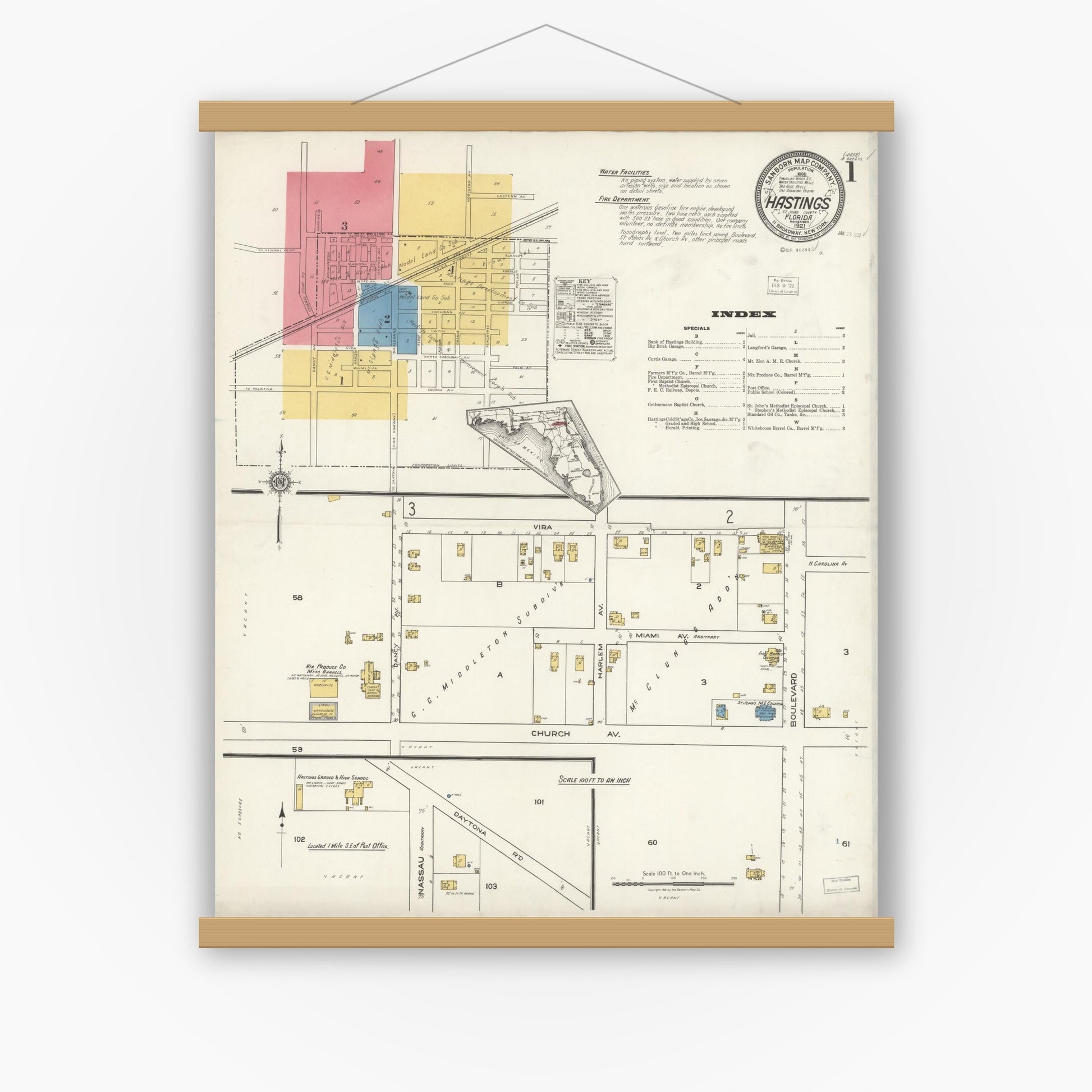 Old map wall art mockup — magnetic wood frame on white wall — Sanborn Fire Insurance Map from Hastings, St. Johns County, Florida (1921), Sheet #0001