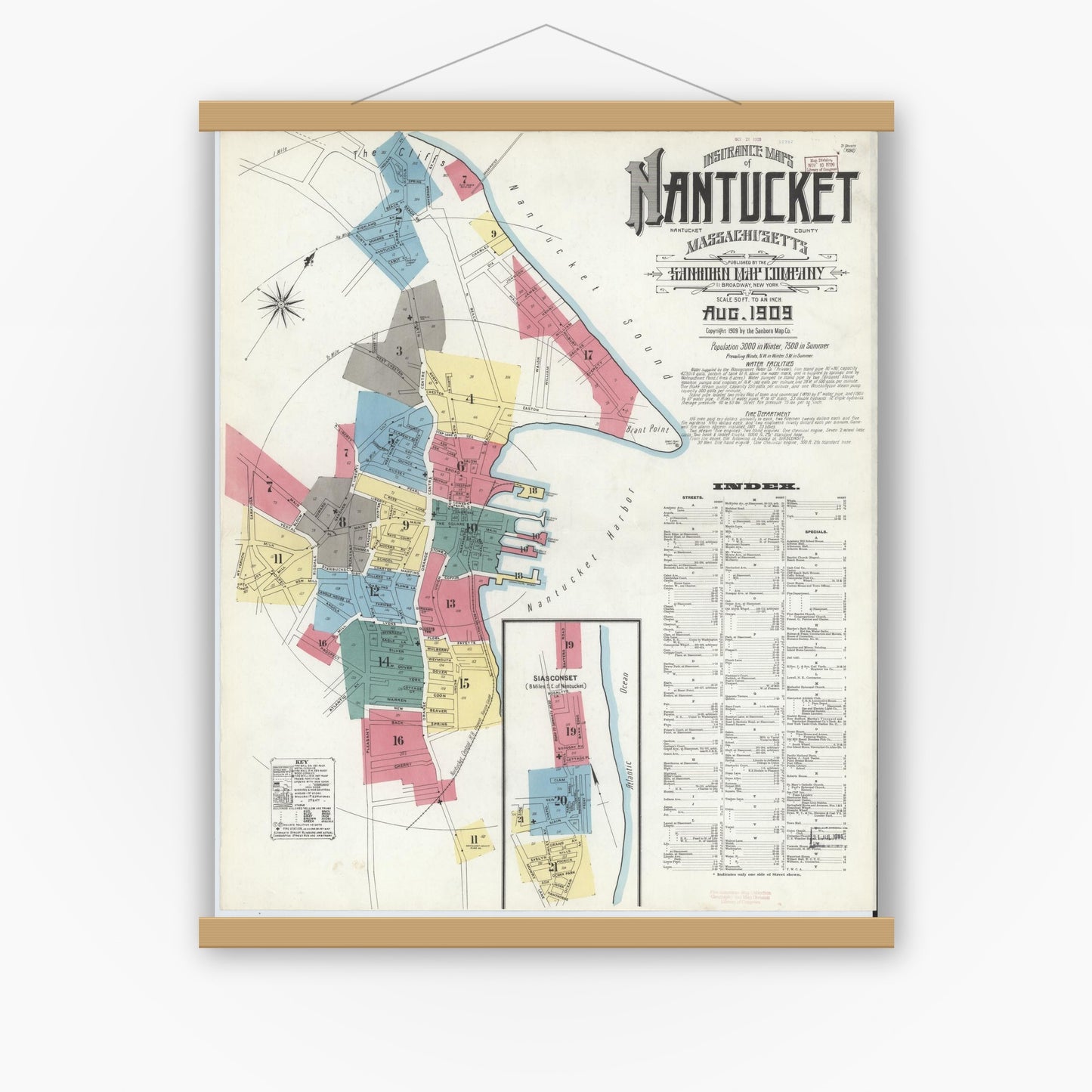 Old map wall art mockup — magnetic wood frame on white wall — Sanborn Fire Insurance Map from Nantucket, Nantucket County, Massachusetts (1909) - Complete Map Set
