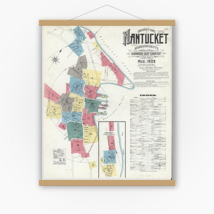 Old map wall art mockup — magnetic wood frame on white wall — Sanborn Fire Insurance Map from Nantucket, Nantucket County, Massachusetts (1909) - Complete Map Set