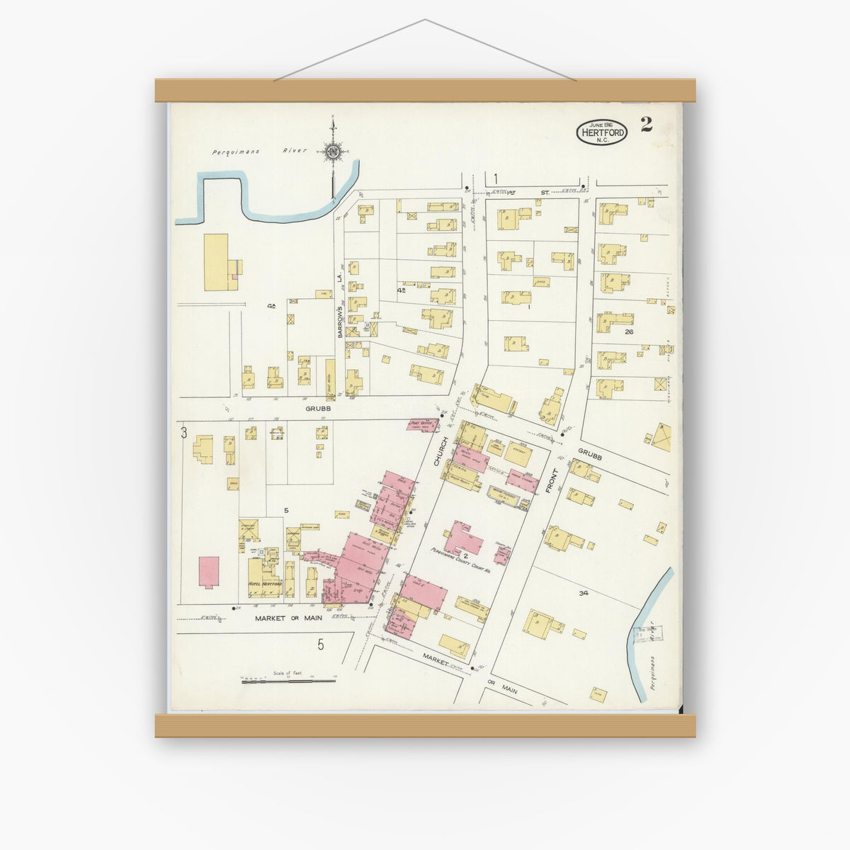 Old map wall art mockup — magnetic wood frame on white wall — Sanborn Fire Insurance Map from Hertford, Perquimans County, North Carolina (1916), Sheet #0002