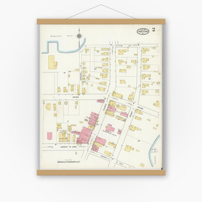 Old map wall art mockup — magnetic wood frame on white wall — Sanborn Fire Insurance Map from Hertford, Perquimans County, North Carolina (1916), Sheet #0002