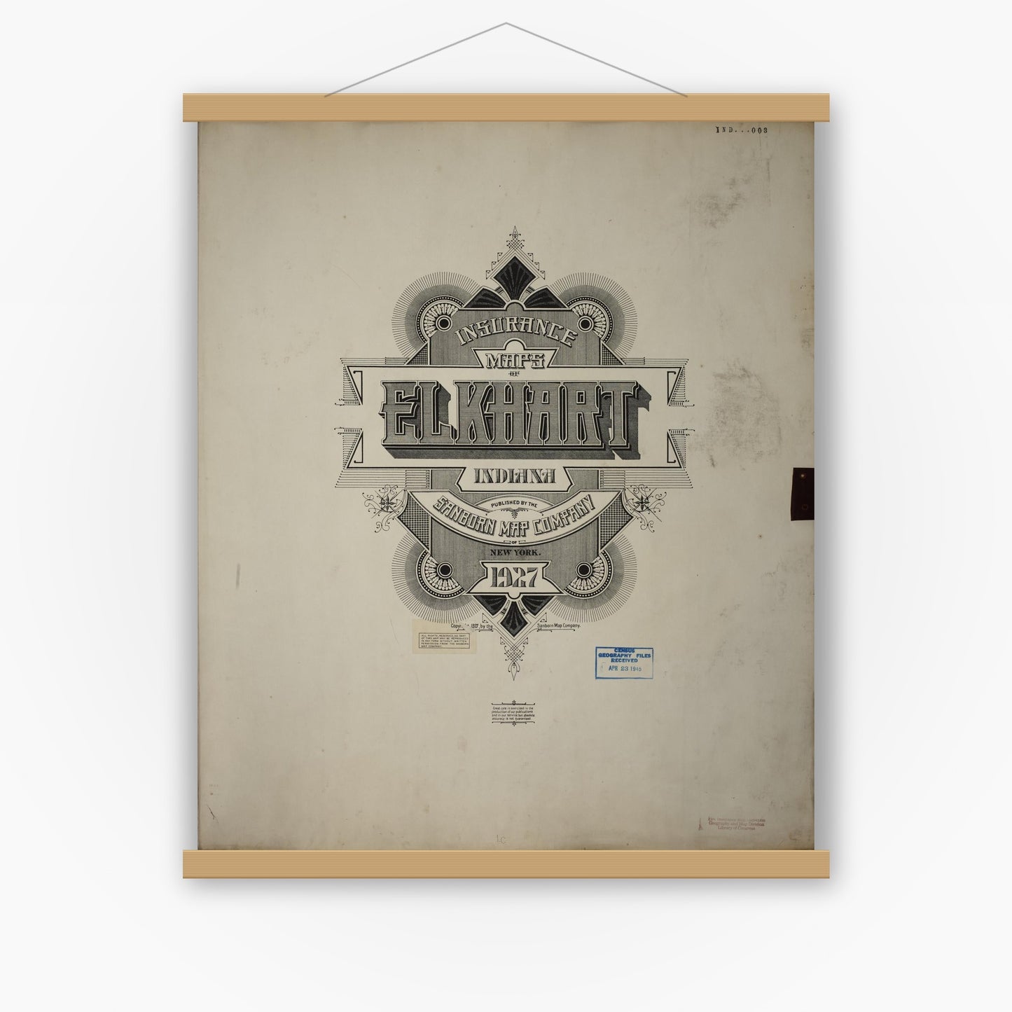 Old map wall art mockup — magnetic wood frame on white wall — Sanborn Fire Insurance Map from Elkhart, Elkhart County, Indiana (1950), Sheet #0001