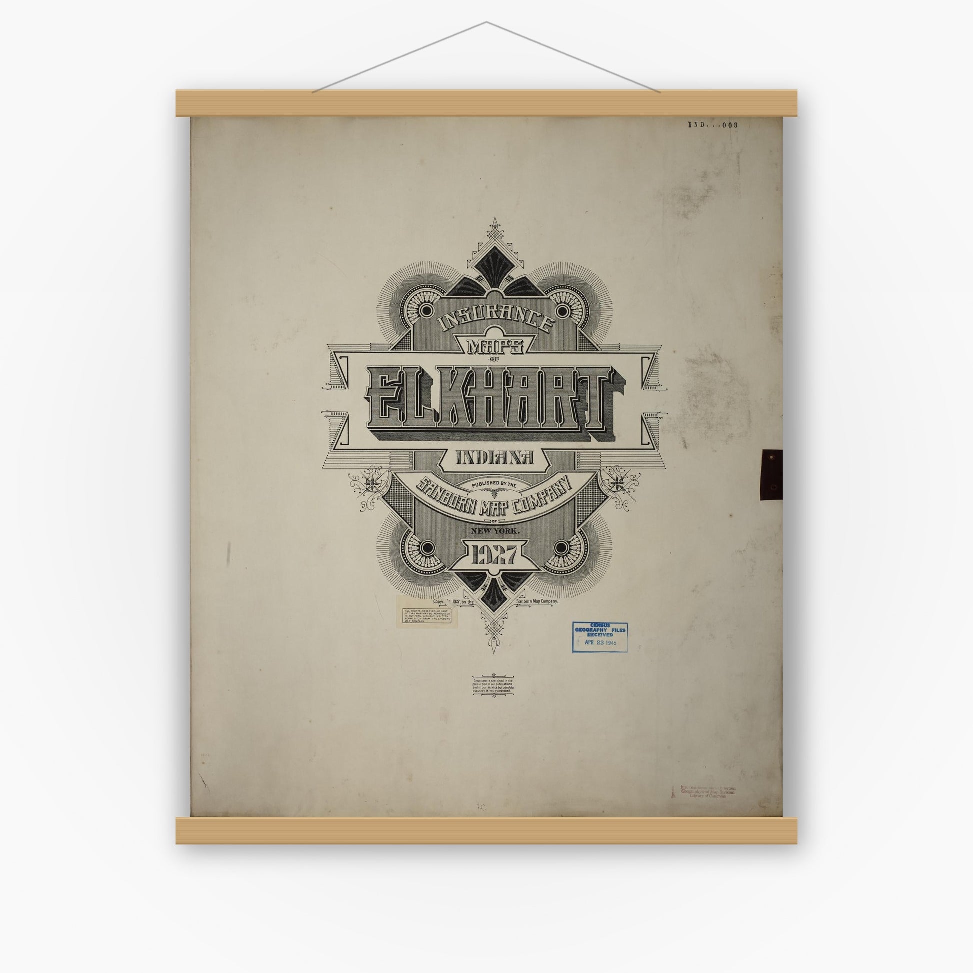 Old map wall art mockup — magnetic wood frame on white wall — Sanborn Fire Insurance Map from Elkhart, Elkhart County, Indiana (1950), Sheet #0001