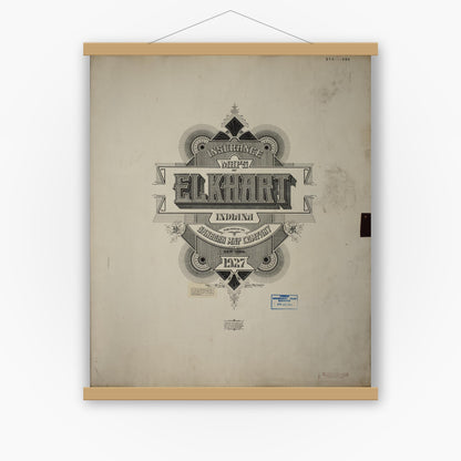 Old map wall art mockup — magnetic wood frame on white wall — Sanborn Fire Insurance Map from Elkhart, Elkhart County, Indiana (1950), Sheet #0001