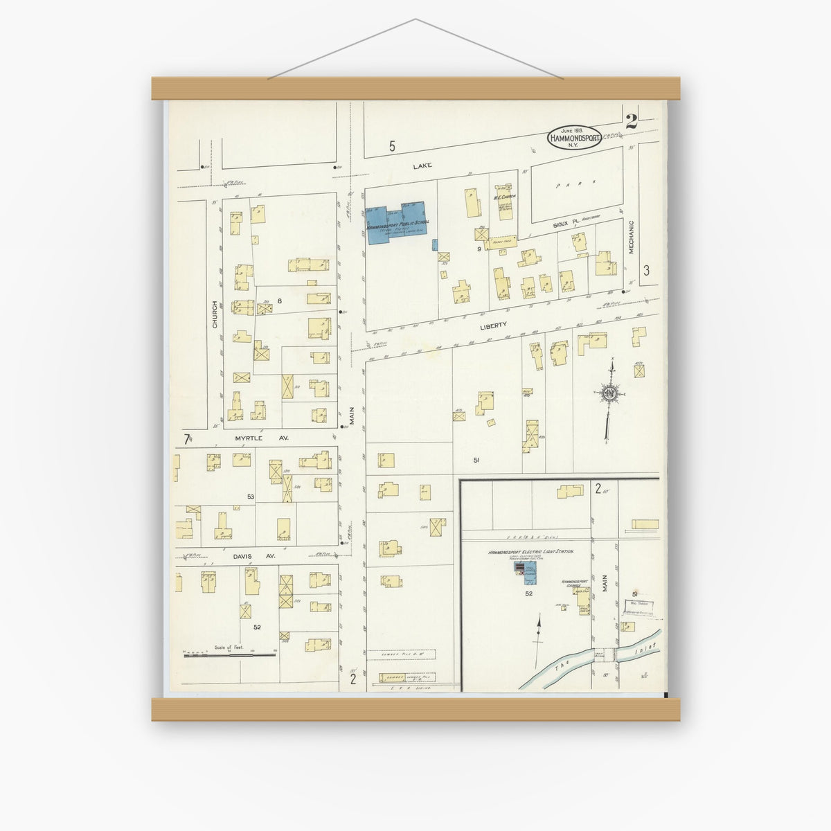 Old map wall art mockup — magnetic wood frame on white wall — Sanborn Fire Insurance Map from Hammondsport, Steuben County, New York (1913), Sheet #0002