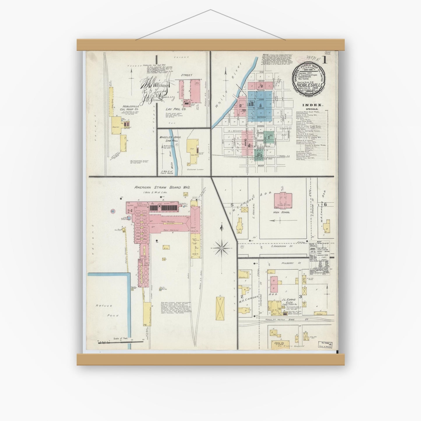 Old map wall art mockup — magnetic wood frame on white wall — Sanborn Fire Insurance Map from Noblesville, Hamilton County, Indiana (1892) - Complete Map Set