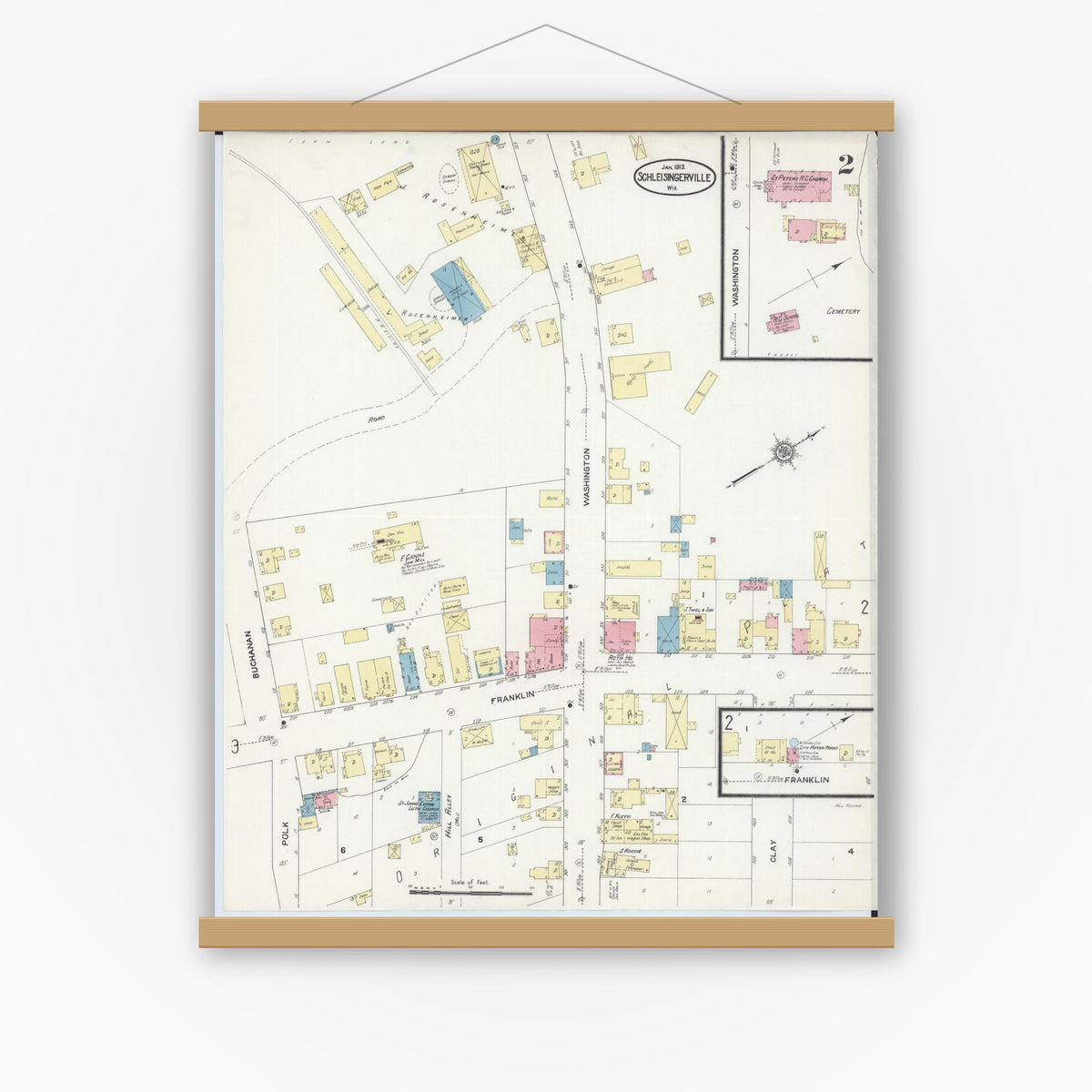 Old map wall art mockup — magnetic wood frame on white wall — Sanborn Fire Insurance Map from Schleisingerville, Washington County, Wisconsin (1913), Sheet #0002