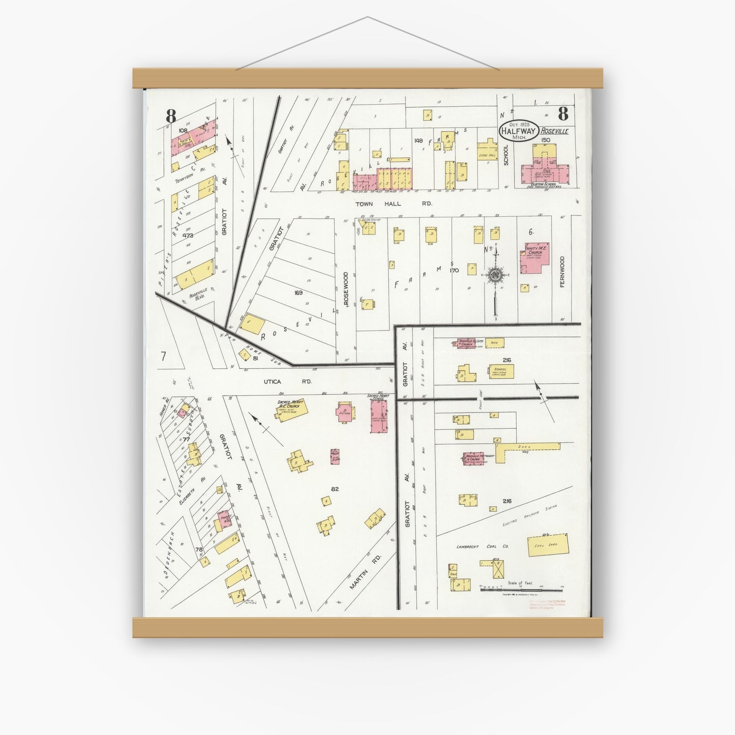 Old map wall art mockup — magnetic wood frame on white wall — Sanborn Fire Insurance Map from Halfway, Macomb County, Michigan (1925), Sheet #0008