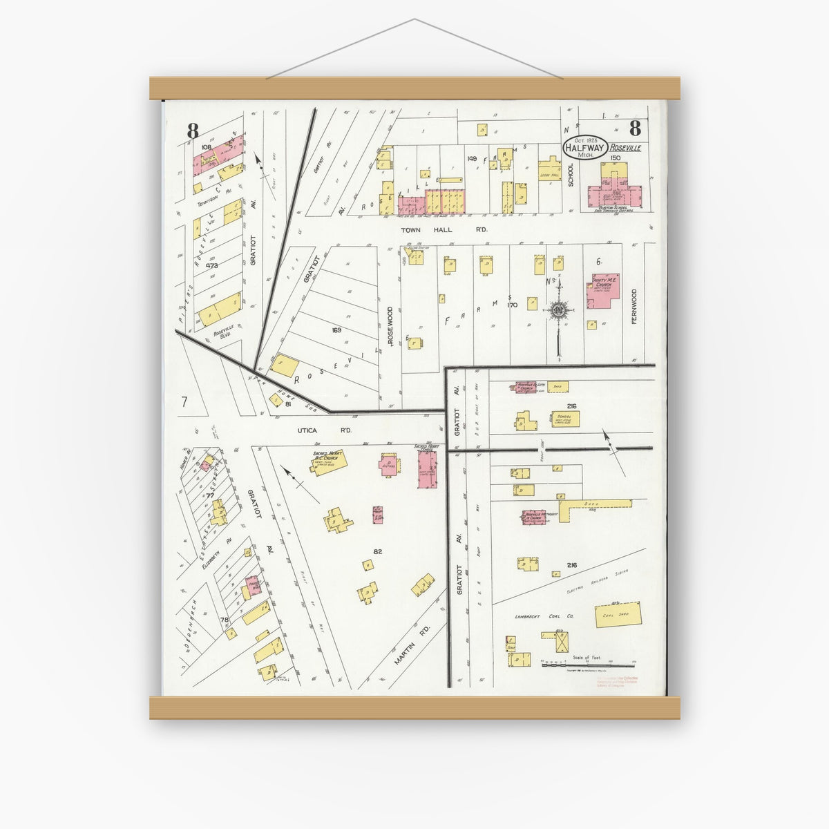 Old map wall art mockup — magnetic wood frame on white wall — Sanborn Fire Insurance Map from Halfway, Macomb County, Michigan (1925), Sheet #0008