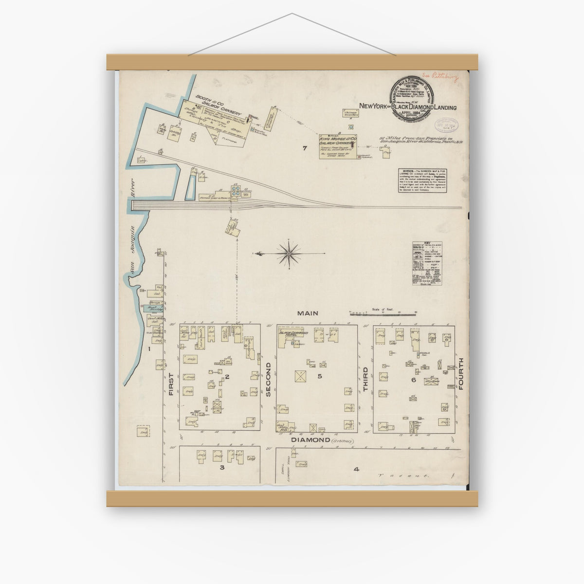 Old map wall art mockup — magnetic wood frame on white wall — Sanborn Fire Insurance Map from New York Landing, Contra Costa County, California (1884), Sheet #0001