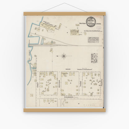 Old map wall art mockup — magnetic wood frame on white wall — Sanborn Fire Insurance Map from New York Landing, Contra Costa County, California (1884), Sheet #0001