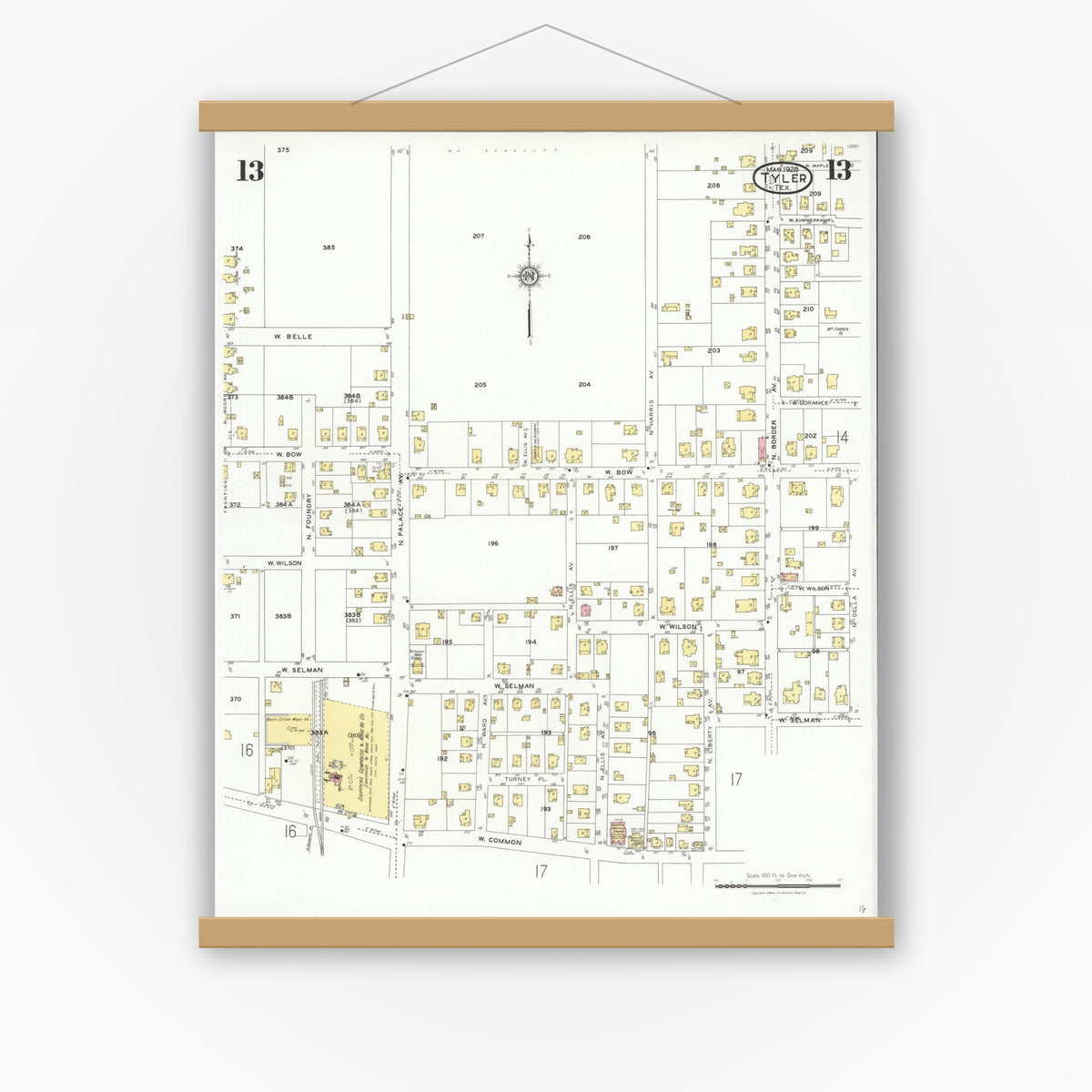 Old map wall art mockup — magnetic wood frame on white wall — Sanborn Fire Insurance Map from Tyler, Smith County, Texas (1928), Sheet #0013