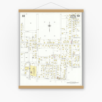 Old map wall art mockup — magnetic wood frame on white wall — Sanborn Fire Insurance Map from Tyler, Smith County, Texas (1928), Sheet #0013