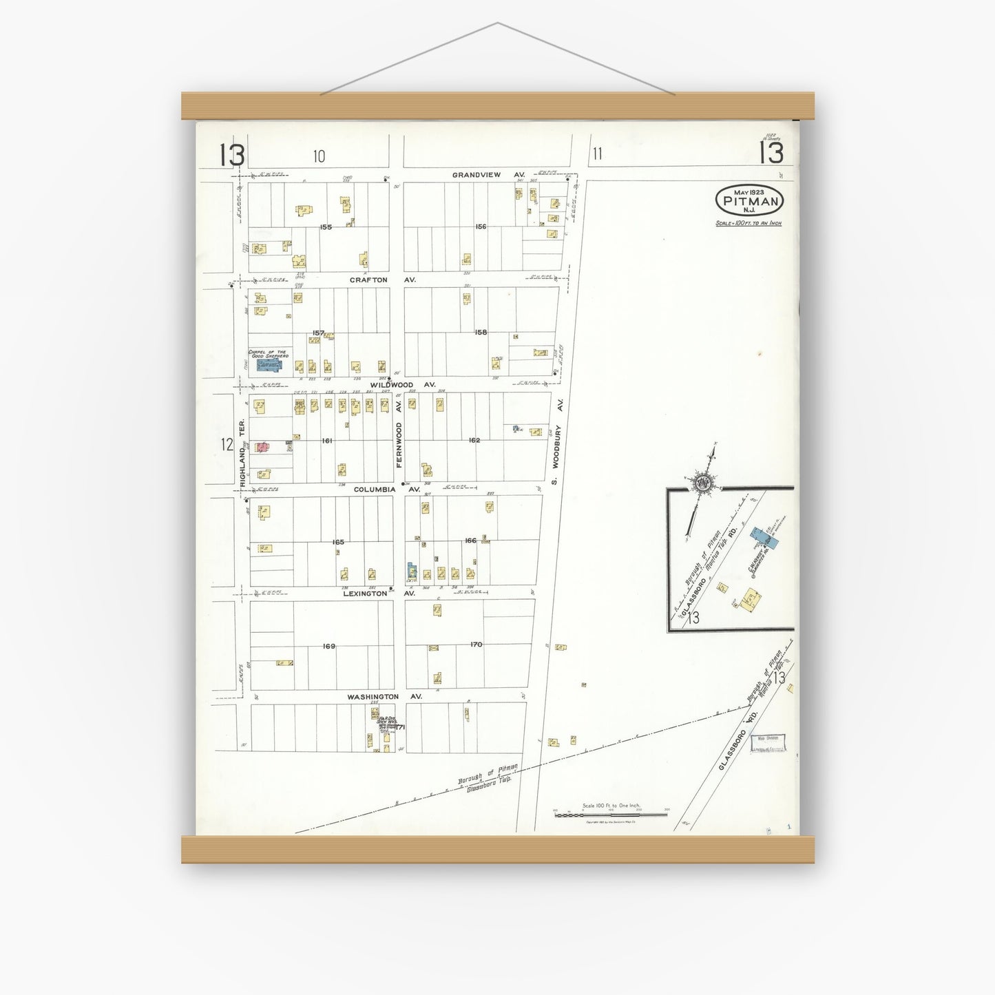 Old map wall art mockup — magnetic wood frame on white wall — Sanborn Fire Insurance Map from Pitman, Gloucester County, New Jersey (1923), Sheet #0013
