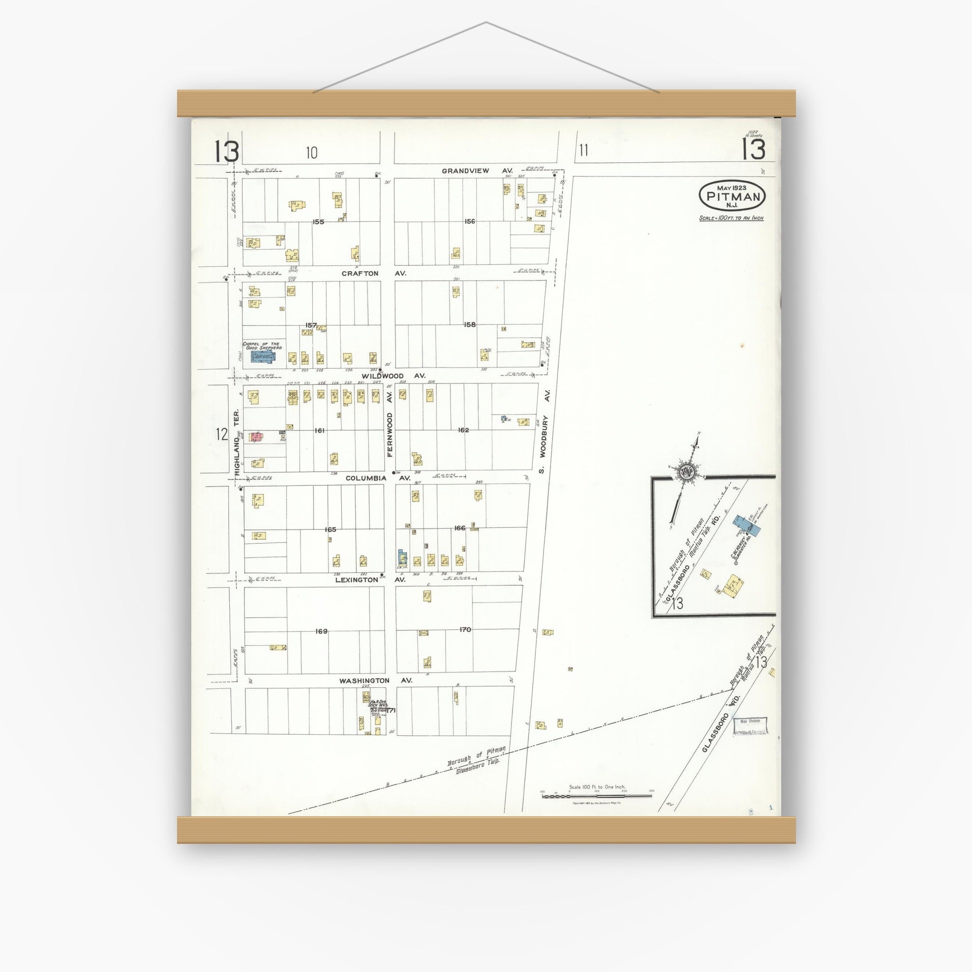 Old map wall art mockup — magnetic wood frame on white wall — Sanborn Fire Insurance Map from Pitman, Gloucester County, New Jersey (1923), Sheet #0013