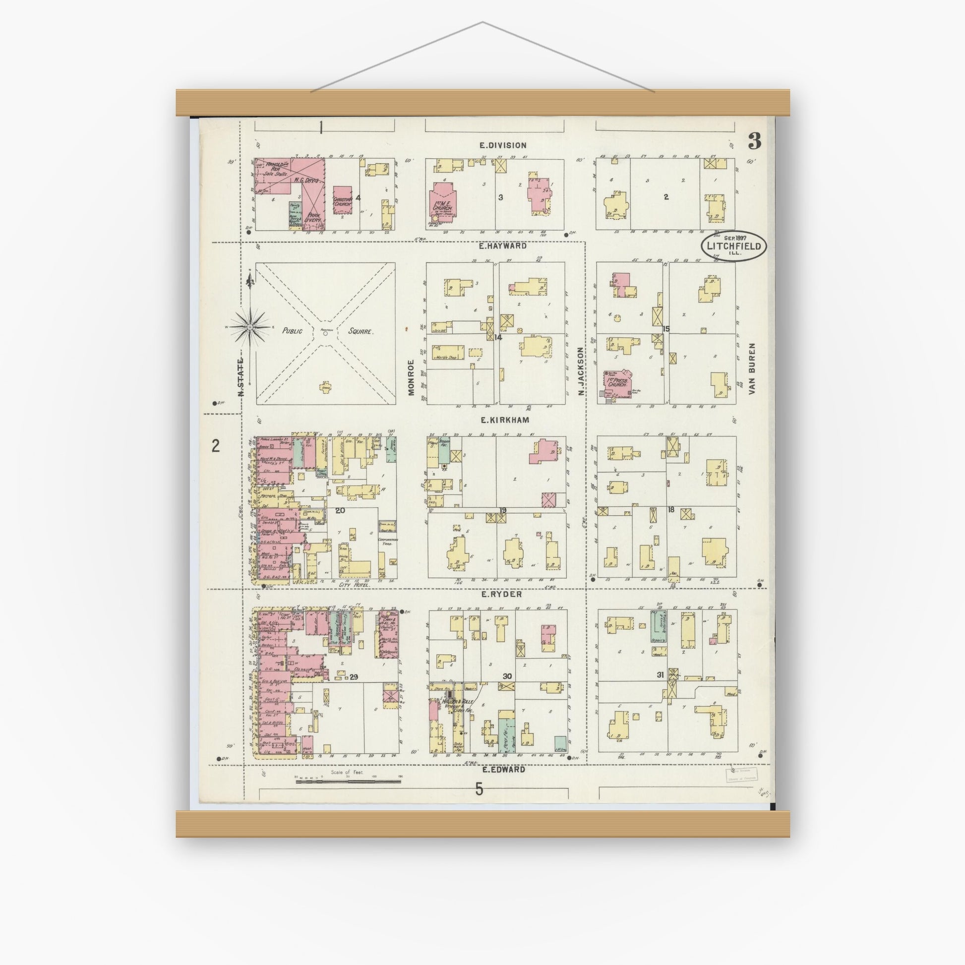 Old map wall art mockup — magnetic wood frame on white wall — Sanborn Fire Insurance Map from Litchfield, Montgomery County, Illinois (1897), Sheet #0003