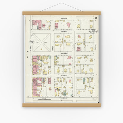 Old map wall art mockup — magnetic wood frame on white wall — Sanborn Fire Insurance Map from Litchfield, Montgomery County, Illinois (1897), Sheet #0003