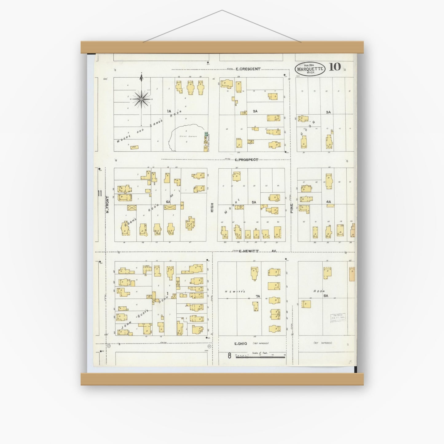 Old map wall art mockup — magnetic wood frame on white wall — Sanborn Fire Insurance Map from Marquette, Marquette County, Michigan (1904), Sheet #0010