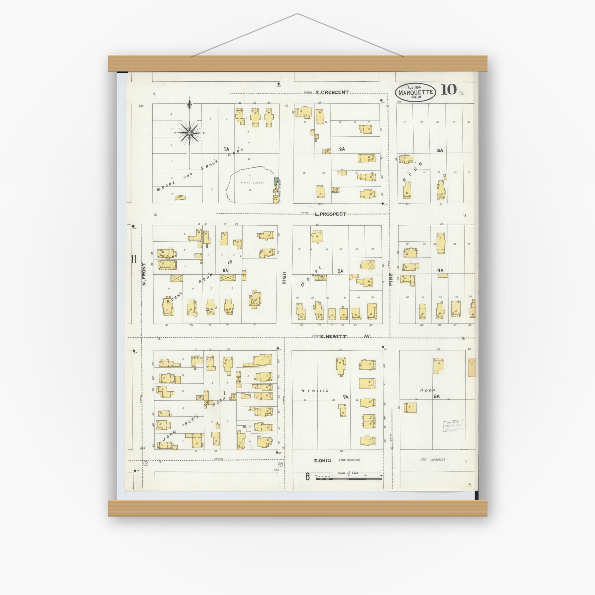 Old map wall art mockup — magnetic wood frame on white wall — Sanborn Fire Insurance Map from Marquette, Marquette County, Michigan (1904), Sheet #0010