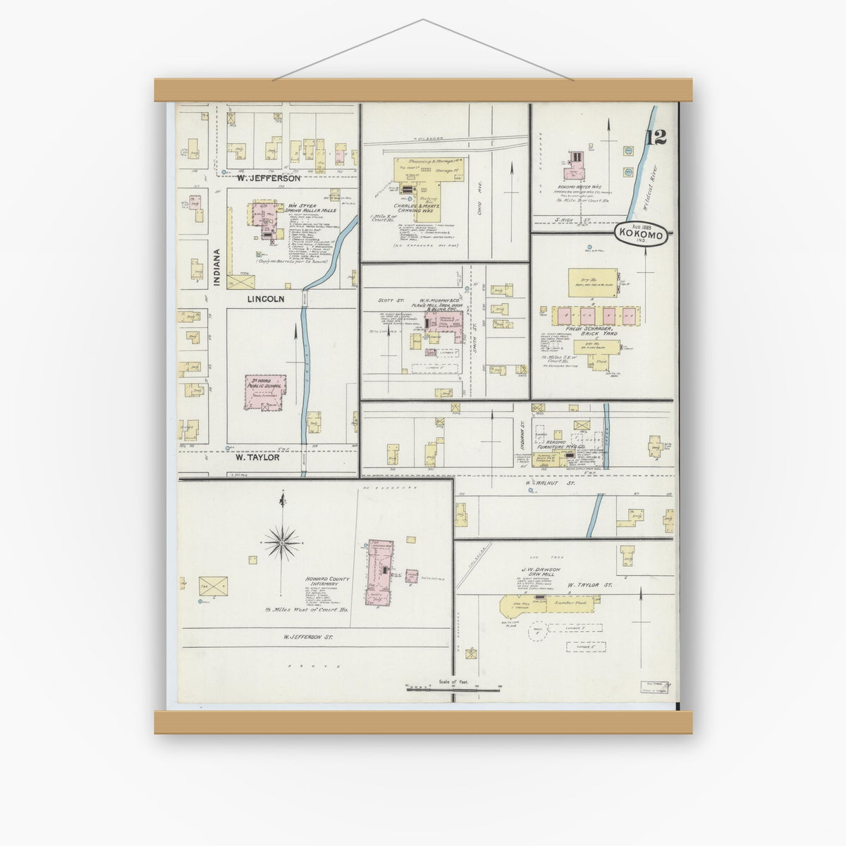 Old map wall art mockup — magnetic wood frame on white wall — Sanborn Fire Insurance Map from Kokomo, Howard County, Indiana (1889), Sheet #0012