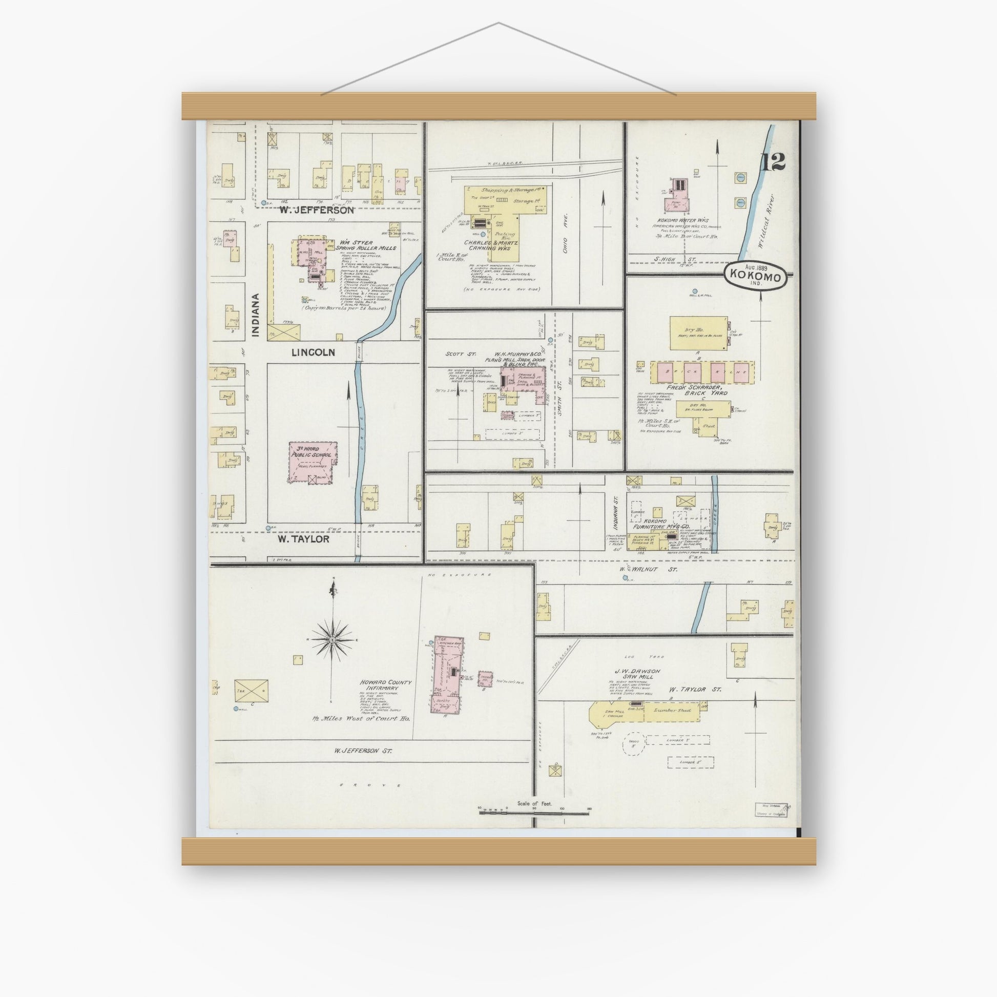 Old map wall art mockup — magnetic wood frame on white wall — Sanborn Fire Insurance Map from Kokomo, Howard County, Indiana (1889), Sheet #0012
