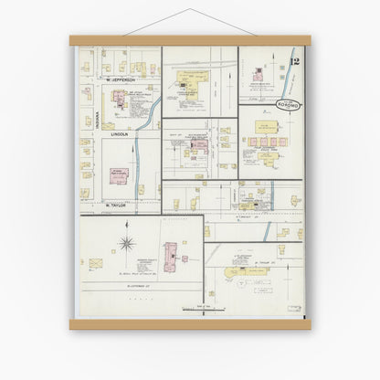 Old map wall art mockup — magnetic wood frame on white wall — Sanborn Fire Insurance Map from Kokomo, Howard County, Indiana (1889), Sheet #0012