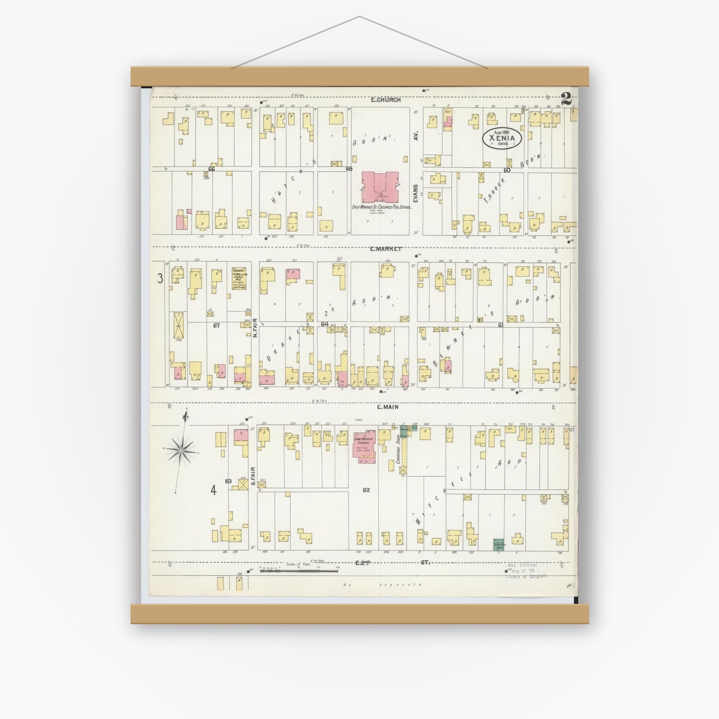 Old map wall art mockup — magnetic wood frame on white wall — Sanborn Fire Insurance Map from Xenia, Greene County, Ohio (1901), Sheet #0002