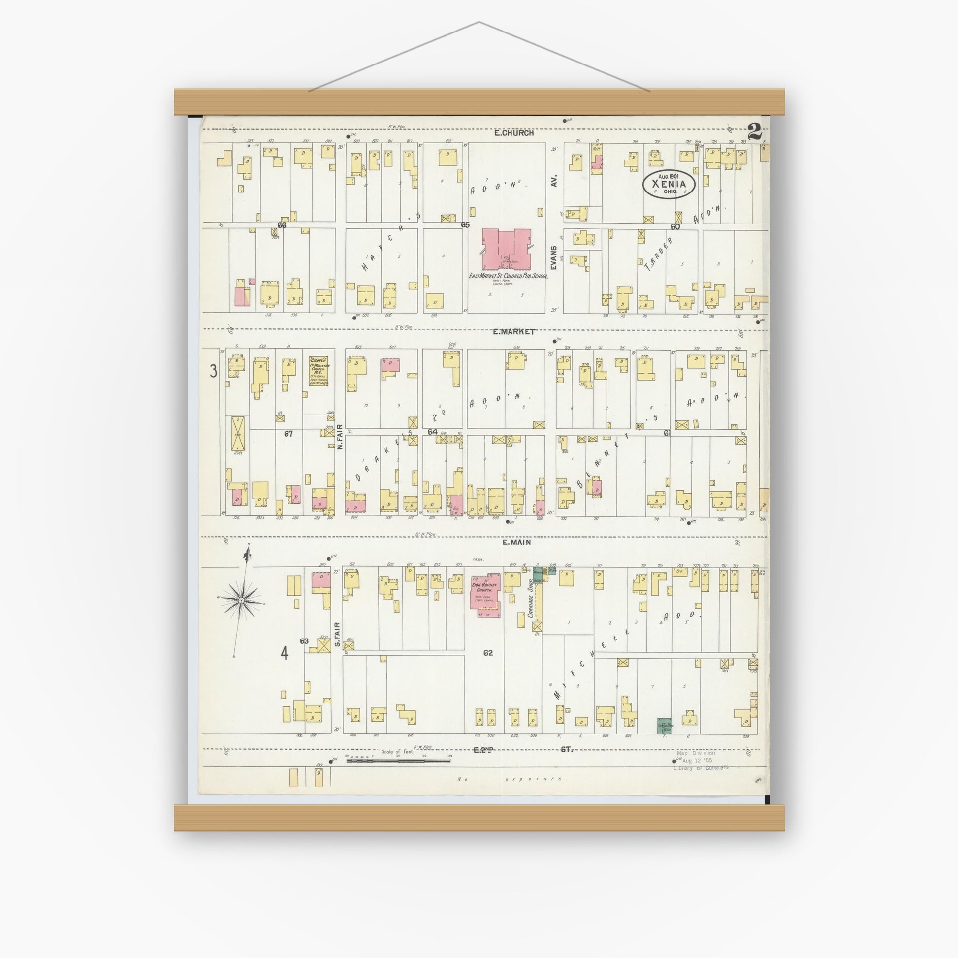 Old map wall art mockup — magnetic wood frame on white wall — Sanborn Fire Insurance Map from Xenia, Greene County, Ohio (1901), Sheet #0002