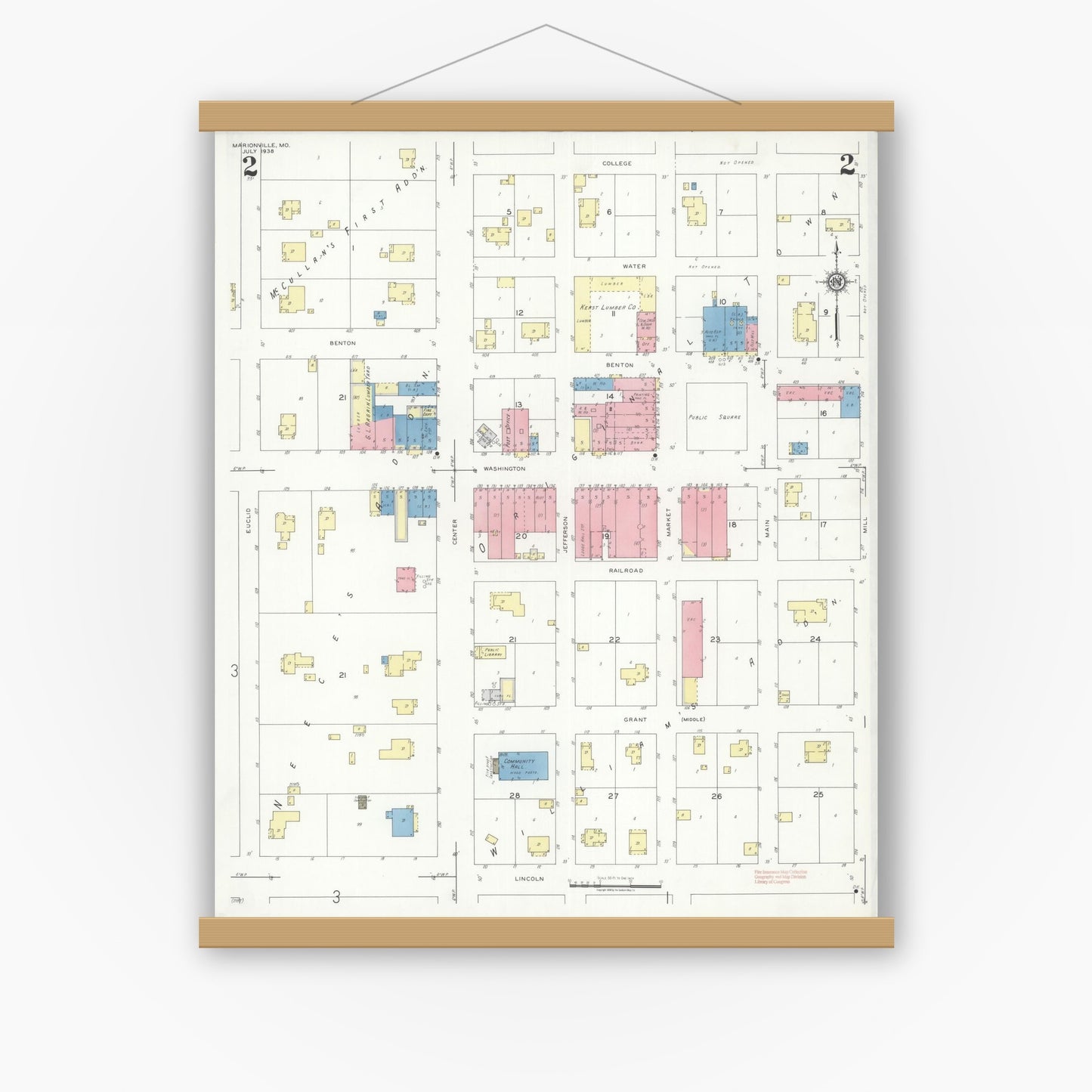 Old map wall art mockup — magnetic wood frame on white wall — Sanborn Fire Insurance Map from Marionville, Lawrence County, Missouri (1938), Sheet #0002