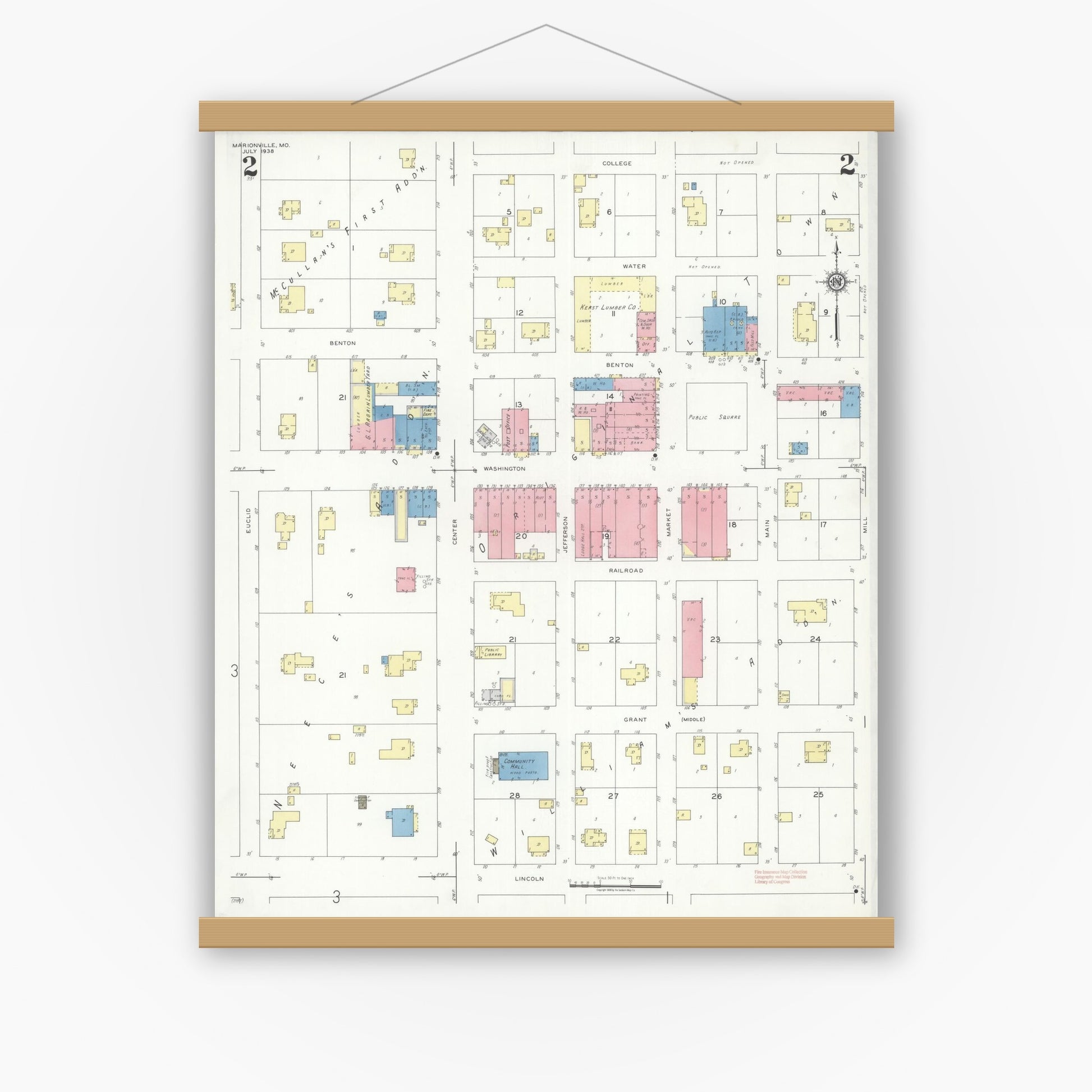 Old map wall art mockup — magnetic wood frame on white wall — Sanborn Fire Insurance Map from Marionville, Lawrence County, Missouri (1938), Sheet #0002