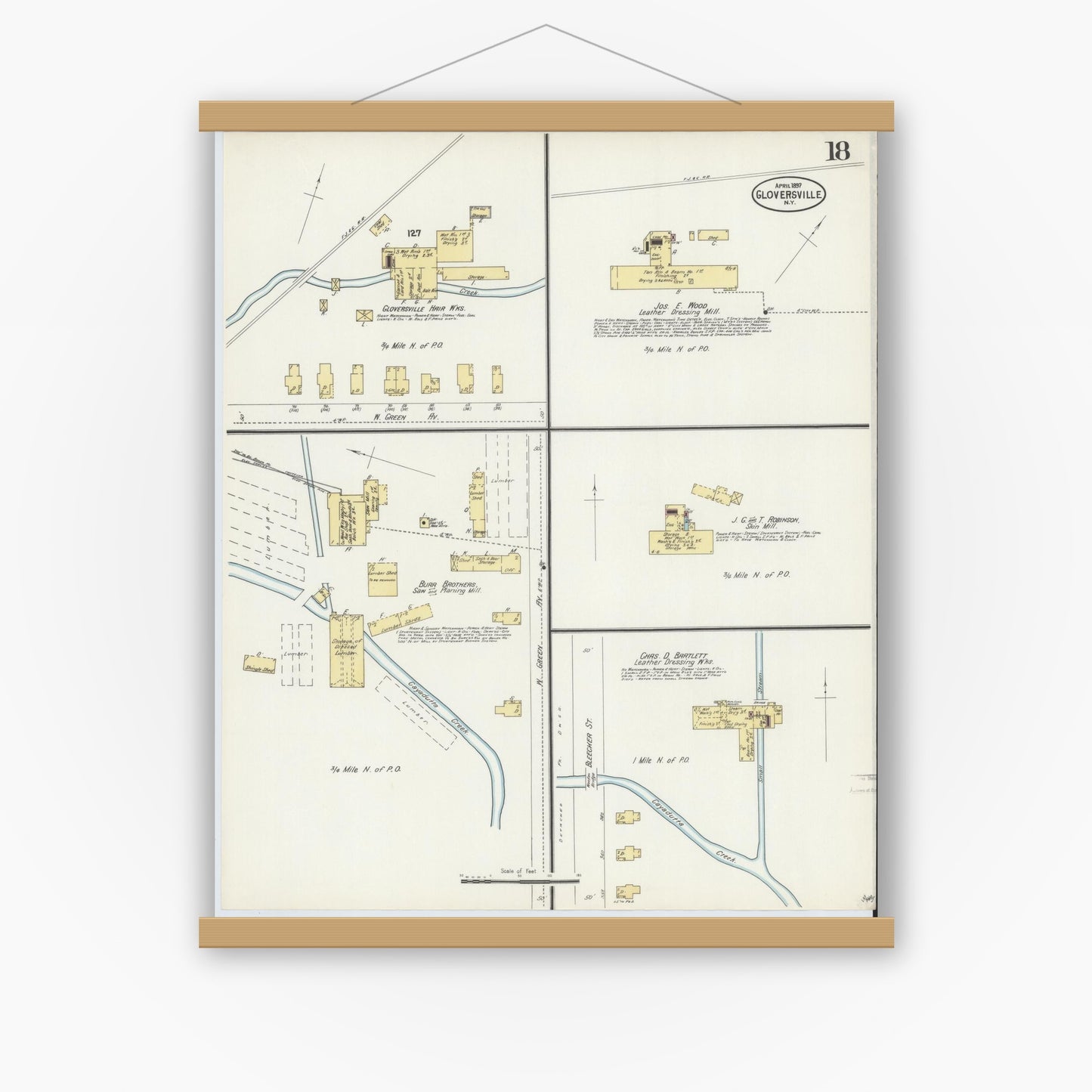 Old map wall art mockup — magnetic wood frame on white wall — Sanborn Fire Insurance Map from Gloversville, Fulton County, New York (1897), Sheet #0018
