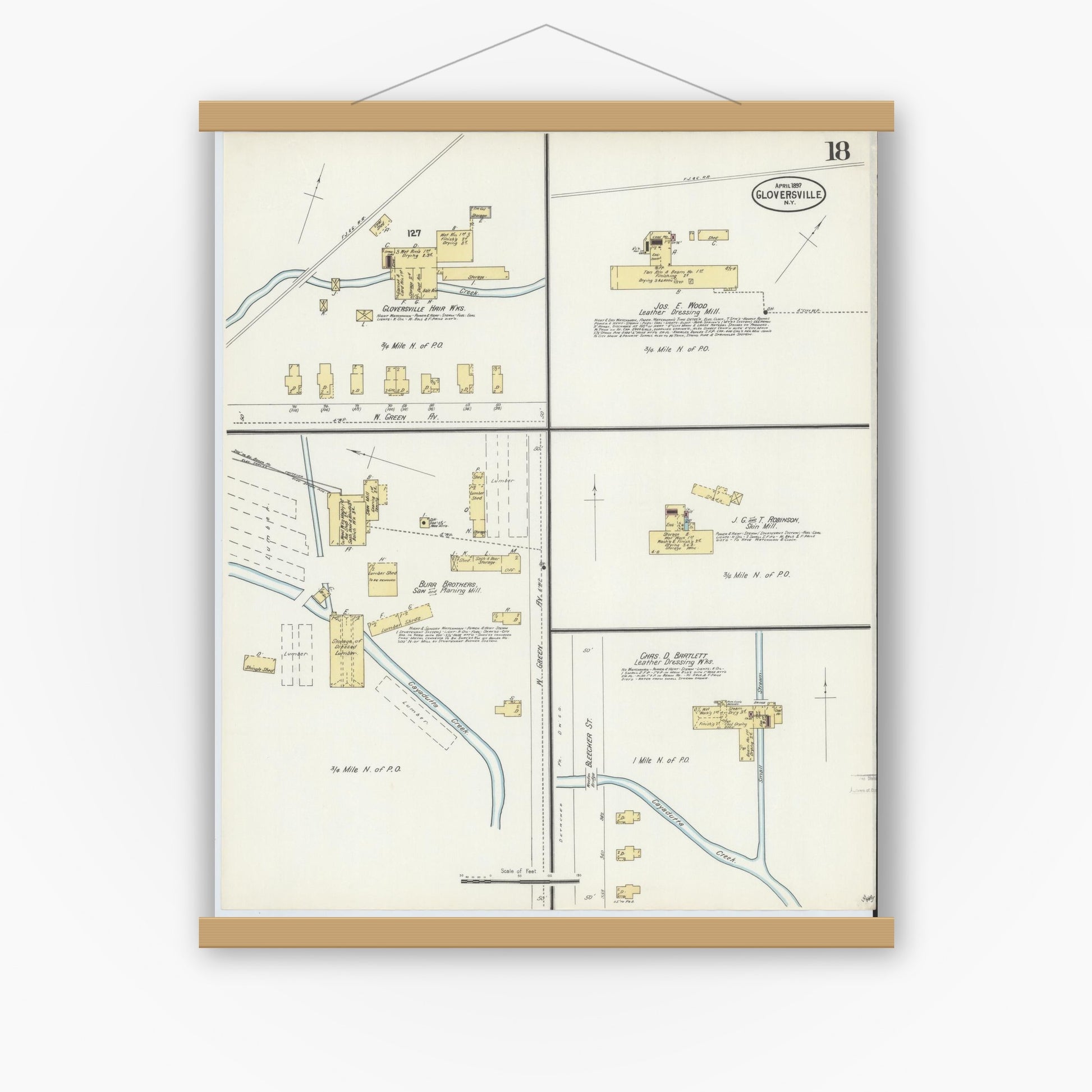 Old map wall art mockup — magnetic wood frame on white wall — Sanborn Fire Insurance Map from Gloversville, Fulton County, New York (1897), Sheet #0018
