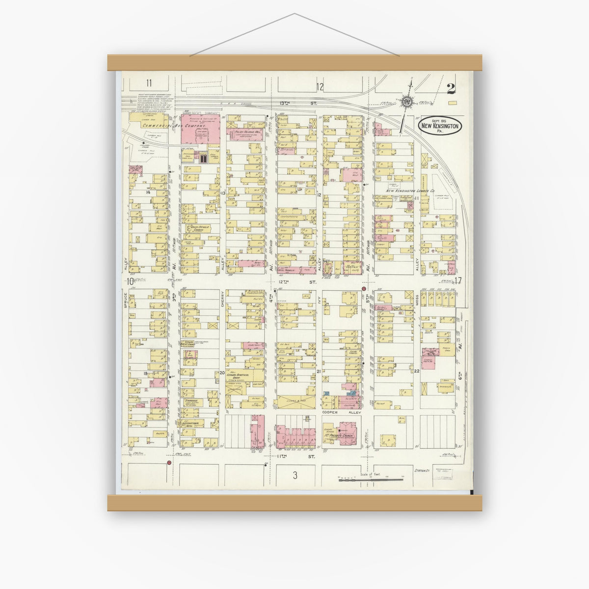 Old map wall art mockup — magnetic wood frame on white wall — Sanborn Fire Insurance Map from New Kensington, Westmoreland County, Pennsylvania (1915), Sheet #0002