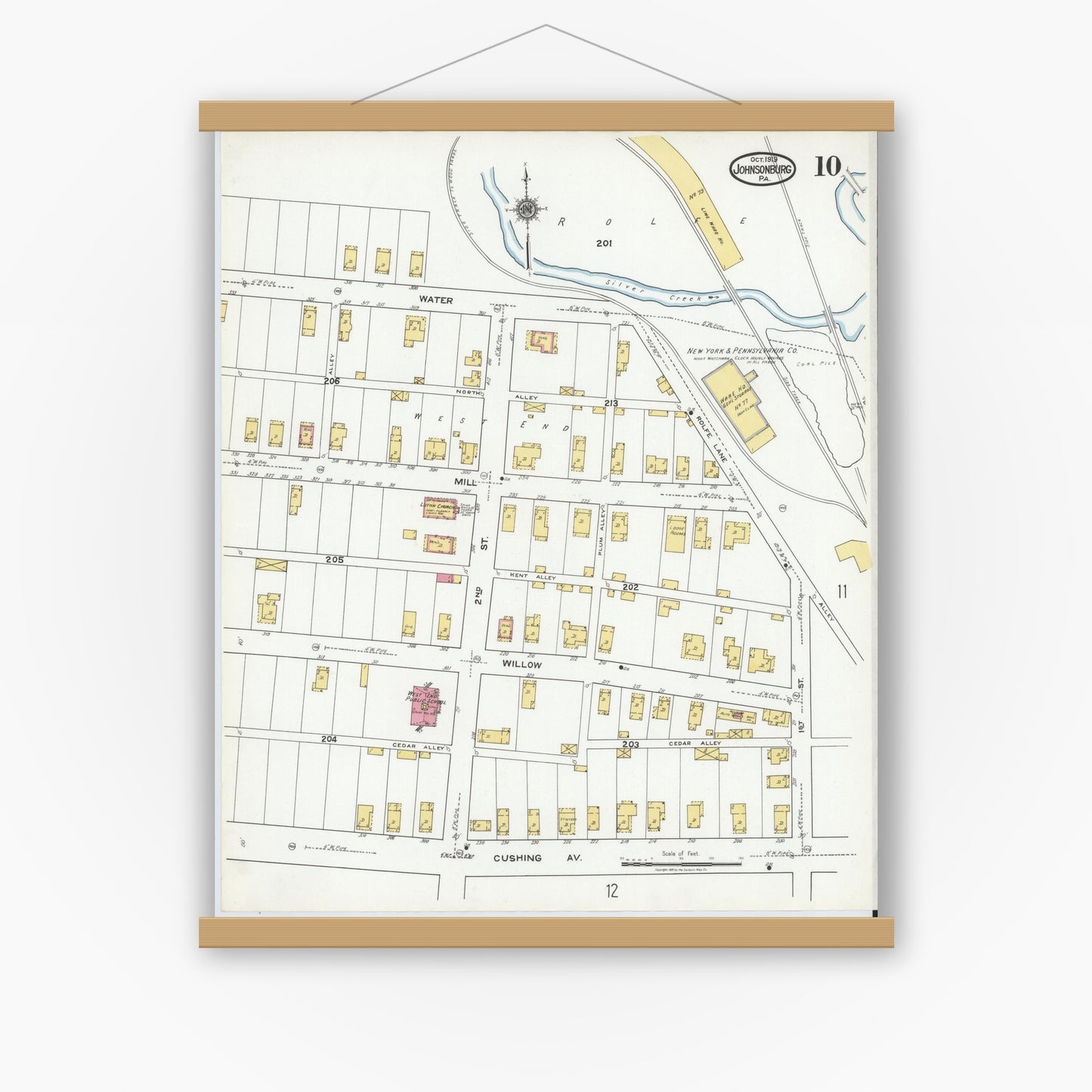 Old map wall art mockup — magnetic wood frame on white wall — Sanborn Fire Insurance Map from Johnsonburg, Elk County, Pennsylvania (1919), Sheet #0010