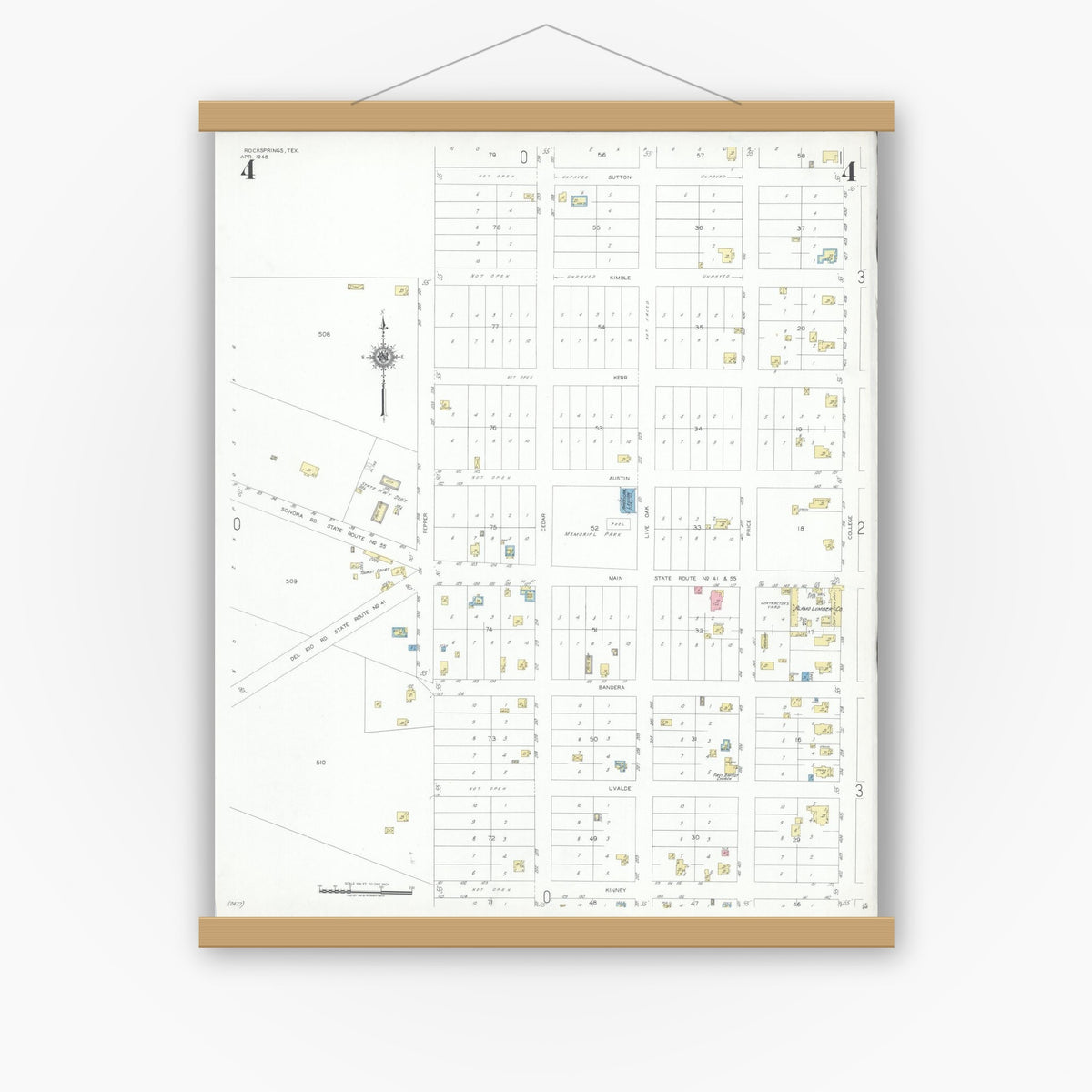 Old map wall art mockup — magnetic wood frame on white wall — Sanborn Fire Insurance Map from Rocksprings, Edwards County, Texas (1948), Sheet #0004