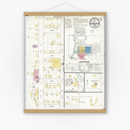 Old map wall art mockup — magnetic wood frame on white wall — Sanborn Fire Insurance Map from Guthrie Center, Guthrie County, Iowa (1916) â€” Complete Set