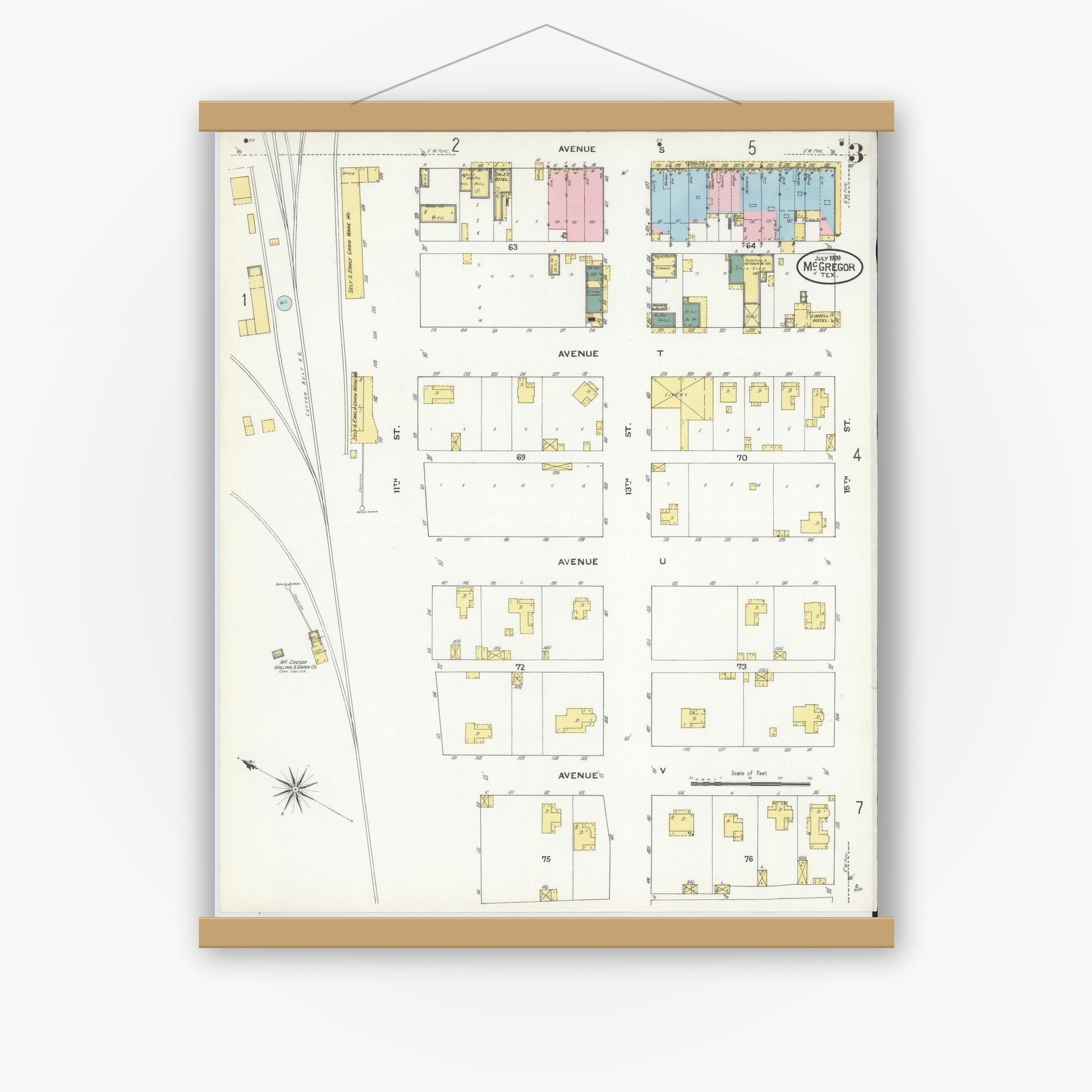 Old map wall art mockup — magnetic wood frame on white wall — Sanborn Fire Insurance Map from McGregor, McLennan County, Texas (1909), Sheet #0003