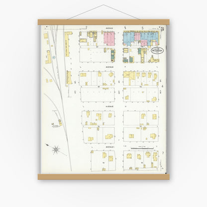 Old map wall art mockup — magnetic wood frame on white wall — Sanborn Fire Insurance Map from McGregor, McLennan County, Texas (1909), Sheet #0003