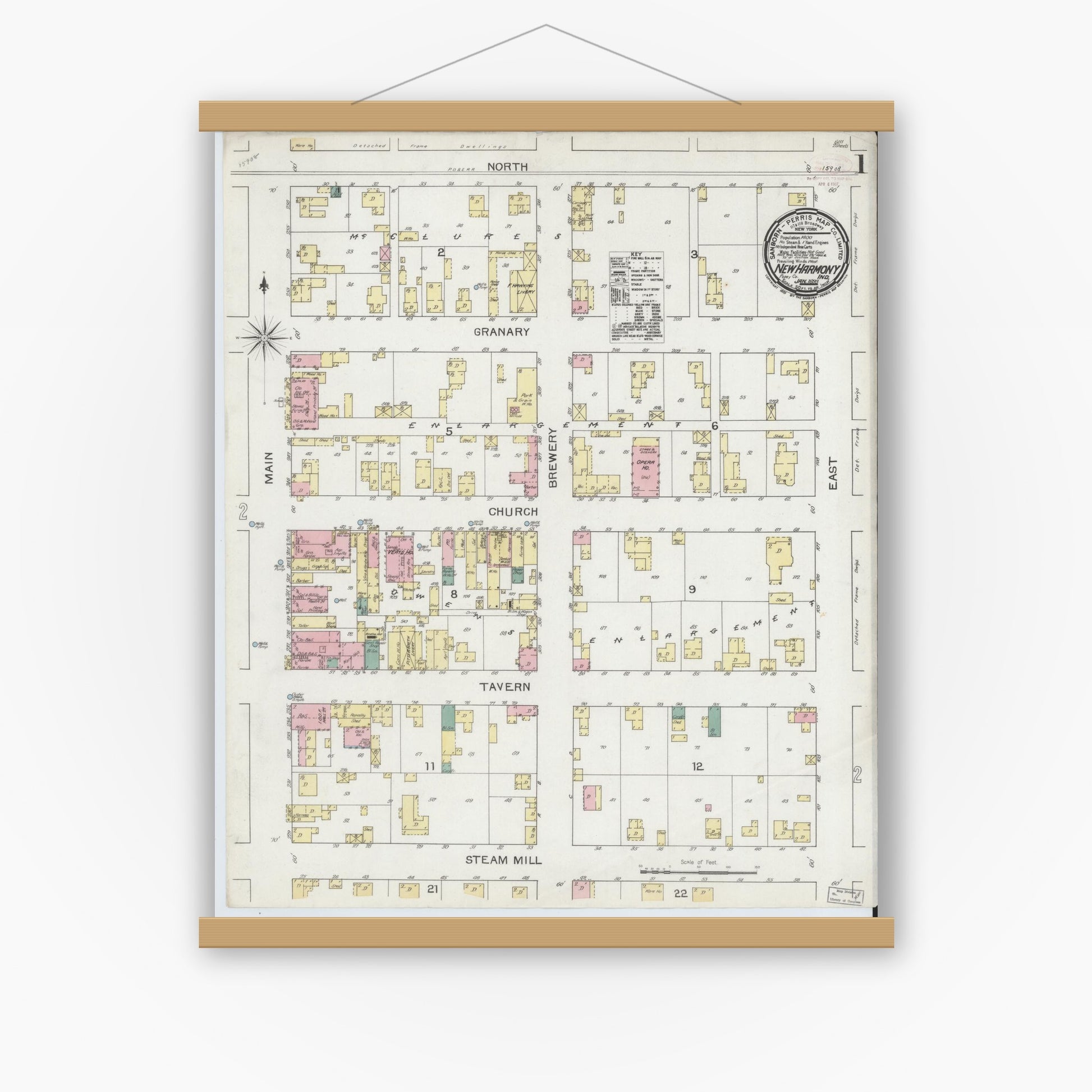 Old map wall art mockup — magnetic wood frame on white wall — Sanborn Fire Insurance Map from New Harmony, Posey County, Indiana (1893), Sheet #0001