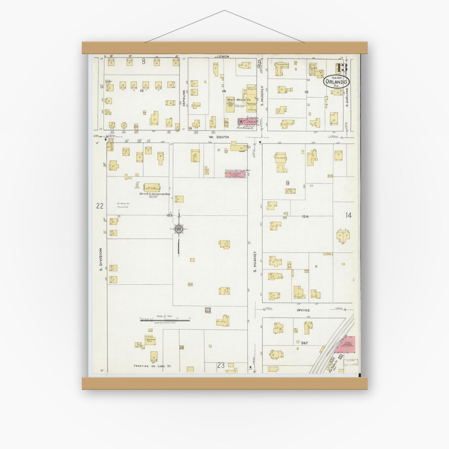 Old map wall art mockup — magnetic wood frame on white wall — Sanborn Fire Insurance Map from Orlando, Orange County, Florida (1919), Sheet #0013